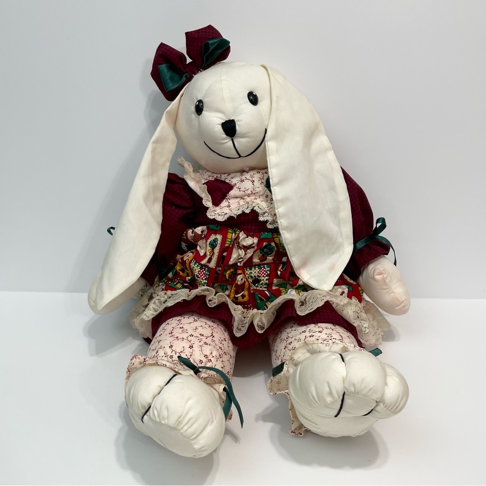 Vintage Handmade Bunny Rabbit Doll With Christmas Dress Stuffed Bunny’s